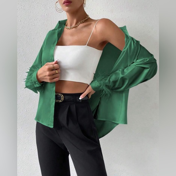 L.I.F.E. Luxurious Spliced Faux Feather Party Silky Blouse L💚New with Tags Prom - Picture 3 of 13